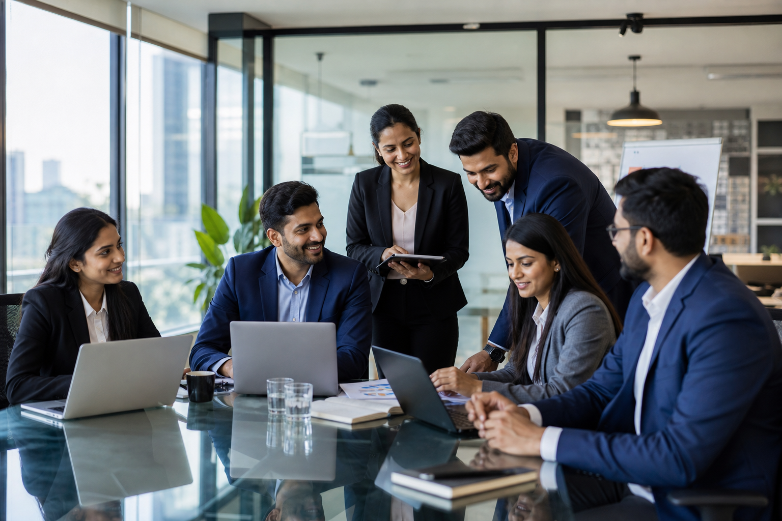Professional Indian VasInfoTec team collaborating in a modern office