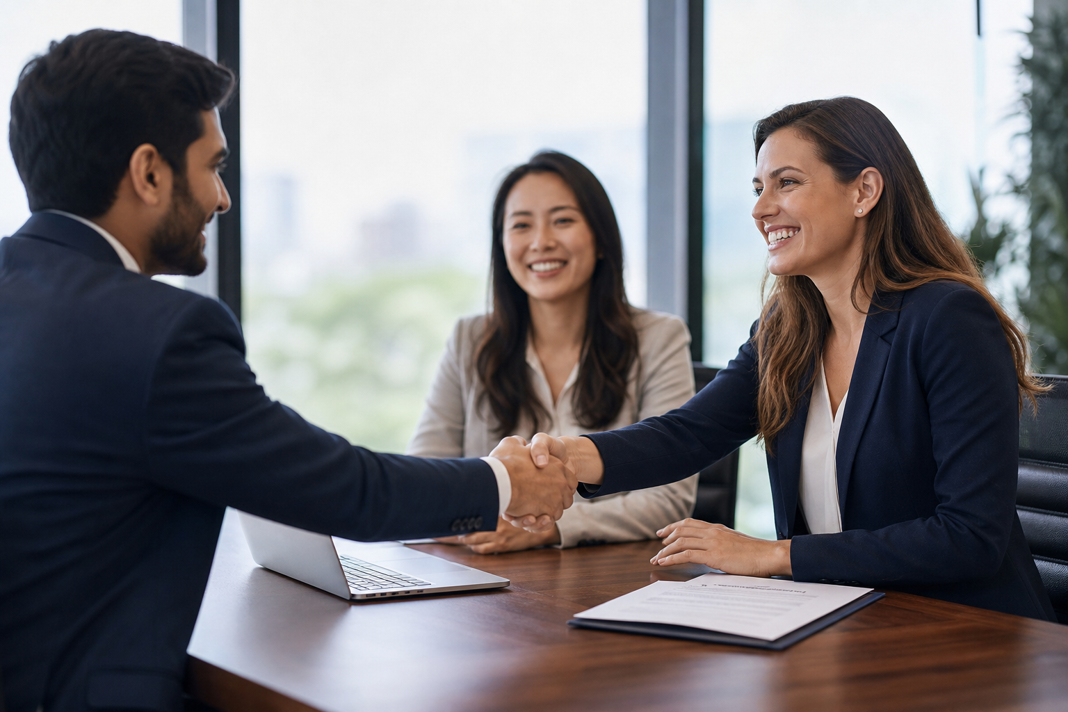 Professional recruitment consultation and handshake between hiring partners